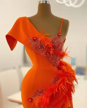 PEORCHID Satino Orange Plunksnos Undinė Vakaro Suknelės Nėriniai Dubajus LadiesSexy Ilgai Oficialų Suknelė Šaliai, Skraistės Soiree Femme 2020 m.