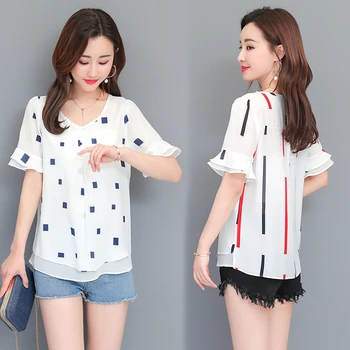 2019 m. vasarą šifono trumpi marškinėliai V kaklu plius dydžio spausdinimas modelio moteriški trumpas kasdieniai drabužiai moteriški viršūnes ir palaidinės 4006 50