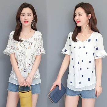 2019 m. vasarą šifono trumpi marškinėliai V kaklu plius dydžio spausdinimas modelio moteriški trumpas kasdieniai drabužiai moteriški viršūnes ir palaidinės 4006 50