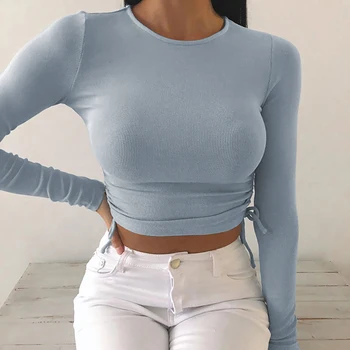 Sexy Moteris vientisos Spalvos T-shirt Slim Pasėlių Top ilgomis Rankovėmis Pusėje Raišteliu Palaidinė