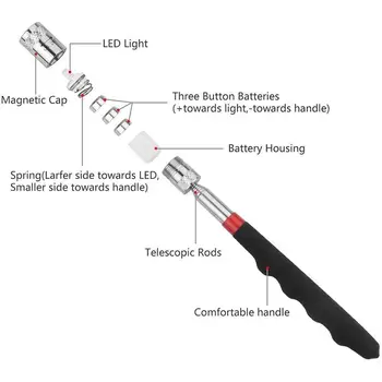 Bagažo Siurbimo Lazdele Su LED Šviesos Sulankstomas Ištraukiamas Pen Teleskopinis Magnetas Magnetinio Picker U2G0