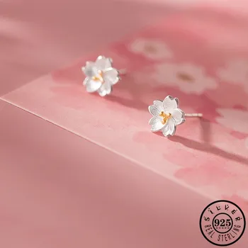 925 Kieto Sidabro Sakura Gėlių Formos Earings Madinga Mažas Ausies Auskarai Smeigės Papuošalai Moterims
