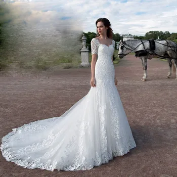 Eslieb Brangioji nėrinių undinė vestuvių suknelės, Bžūp Rankovėmis Vestuvių suknelė 2019 Nuotakos Suknelės Vestido de Noiva
