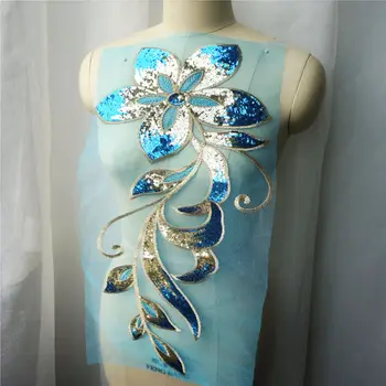 Žalsvai mėlyna Aukso China Gėlių Lapus, Nėrinių Medžiaga Išsiuvinėta Vestuvinė Suknelė Appliques Apykaklės Siūti Pleistras Suknelė 