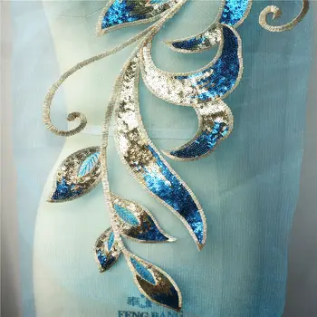 Žalsvai mėlyna Aukso China Gėlių Lapus, Nėrinių Medžiaga Išsiuvinėta Vestuvinė Suknelė Appliques Apykaklės Siūti Pleistras Suknelė 