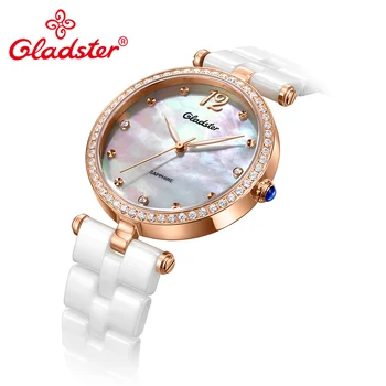 Gladster Prabangos Prekės Japoniškas MIYOTA 2035 Lady Suknelė Kvarco Žiūrėti Safyro Keramika Moterų Laikrodis Shell Dial Moterų Laikrodžiai