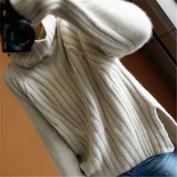 Grynas kašmyro storas mezgimas moterų mados golfo open hem laisvas megztinis megztinis vientisų spalvų-S-XL