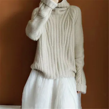 Grynas kašmyro storas mezgimas moterų mados golfo open hem laisvas megztinis megztinis vientisų spalvų-S-XL