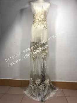 Aukštos kokybės nigerijos mažyčiai karoliukai klijuoti blizgučiai nėrinių audinio 5yards prancūzijos ju tiulio nėrinių audinio vestuvinė suknelė H-863330