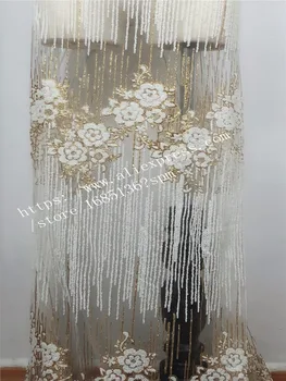 Aukštos kokybės nigerijos mažyčiai karoliukai klijuoti blizgučiai nėrinių audinio 5yards prancūzijos ju tiulio nėrinių audinio vestuvinė suknelė H-863330