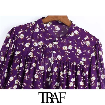 TRAF Moterų Mados Mygtukai Su Gėlių Spausdinti Prarasti Palaidinės Derliaus ilgomis Rankovėmis Susiėmę Moterų Marškiniai, Elegantiškos Viršūnės