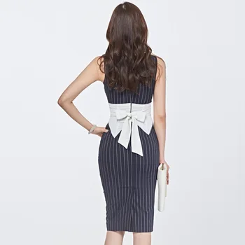 Naujas Atvykimo 2020 Rankovių Korsetas Spausdinti Dryžuotas OLIS Darbo Suknelė korėjos Stiliaus Moterų Suknelės Moteris Midi Wrap Bodycon Suknelė