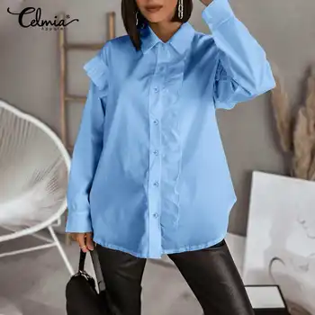 Celmia Mados Marškinėliai Moterims 2021 Ilgomis Rankovėmis Atvartas Office Palaidinė Atsitiktinis Grybelio Susiuvimo Viršūnes Elegantiškas Ruffles Vientisos Spalvos Blusas