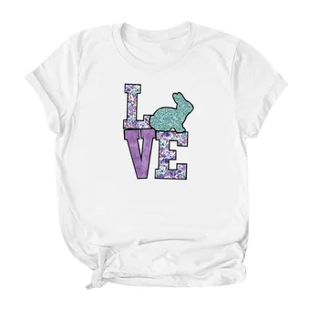 2021 Mados Velykų Temą T-Shirt Meilės Laišką Triušis Print T-Shirt Moterims, Atsitiktinis O-Kaklo Trumpomis Rankovėmis T-Shirt Viršų Palaidinės