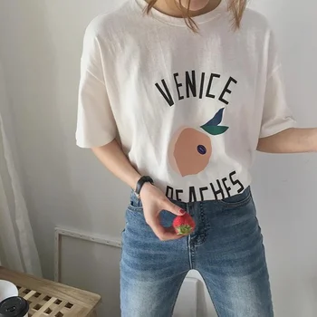 Sunfiz YF Venecija Persikai Juokinga Atspausdinta Marškinėliai Moterims Mielas Vasaros Mados Vintage Stiliaus Tee Viršūnės