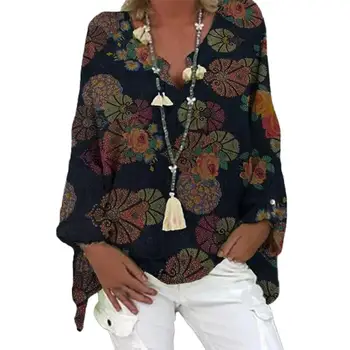 Elegantiškas Medvilnės Moterų Palaidinė Marškinėliai 2021 M. Rudens Gėlių Spausdinti V-Kaklo, Ilgomis Rankovėmis Vintage Laisvalaikio Palaidinė Plius Dydis Atsitiktinis Viršūnės