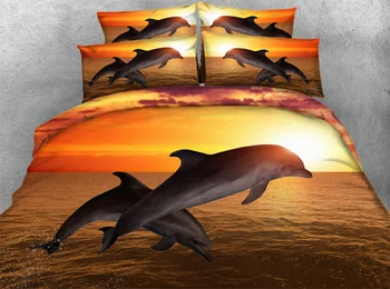 Mėlynos ir raudonos paklodės nustatyti 4pcs patalynės vieno dydžio 3d Delfinų lova apima 6 gabalus, 
