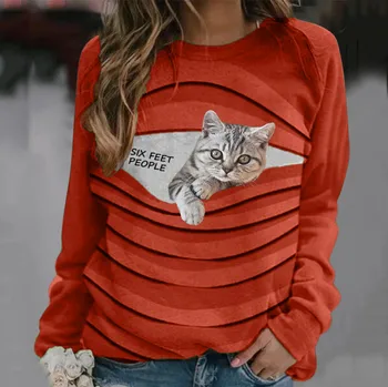 2020 Mados Spausdinti Marškinėliai Moterims Atsitiktinis ilgomis Rankovėmis Katė Spausdinimas O-kaklo Laisvi Marškinėliai Kratinys Puloveris Viršūnes Худи