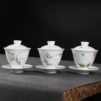 Handpainted amatų porceliano gaiwan tureen, kuriems arbatos dubenėlį taurės lėkštė dangčio Kinų keramikos gaiwans balta kinijos taurės, indai, pardavimo