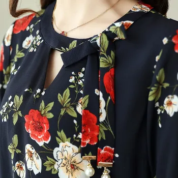 Mados Šifono moterų palaidinė Marškinėliai 2018 blyksnius Rankovės gėlių spausdinti moteriški drabužiai lankas v-kaklo balta moterims topai