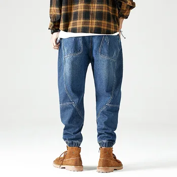 Japonijos Vintage Mada Vyrams, Džinsai Juodi Palaidi Tinka Krovinių Kelnės Spliced Dizaineris Haremas Džinsai Streetwear Hip-Hop Džinsai Vyrams Poilsiu