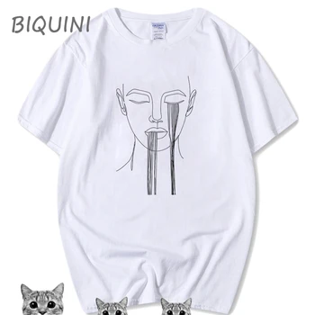 Elegantiškas Minimalistinio Veidą į Vieną Eilutę spausdinti marškinėliai medvilnė, vyriški T-shirt Harajuku Streetwear Juokinga Dovana Vaikinui, T Marškiniai