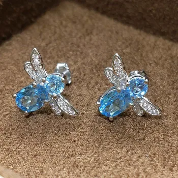 FLZB , Bičių auskarai puikus kokybės natūralių mėlynas topazas auskarai, 925 sterlingas sidabro su 18k white stud mielas auskarai girl