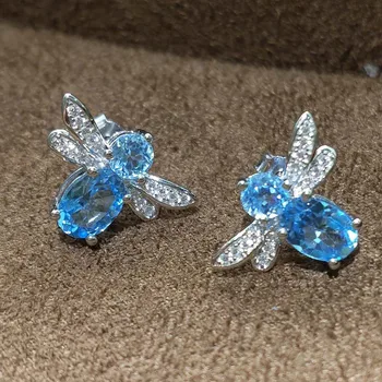 FLZB , Bičių auskarai puikus kokybės natūralių mėlynas topazas auskarai, 925 sterlingas sidabro su 18k white stud mielas auskarai girl