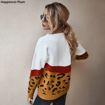 Mados Leopard Kratinys Rudens Žiemos 2020 Ponios Megzti Megztinis Moterims, O-kaklo Visą Rankovėmis Megztinis Puloveriai Viršuje Khaki Brown