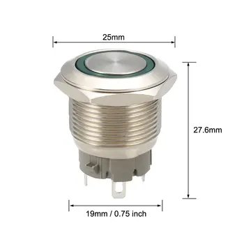 Uxcell Trumpalaikis Metalo Mygtukas Jungiklis 19mm Montavimo Dia 1NO 24V Žiedas Pasirašyti Žalia LED Šviesos 1pcs
