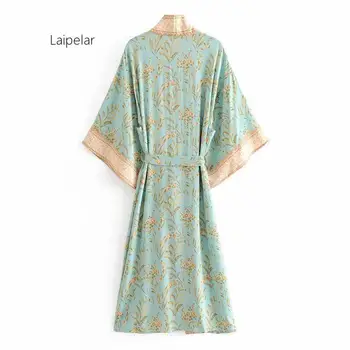 2020 m. Bohemijos Turkio spalvos Gėlių Spausdinti Ilgio Kimono Marškinėliai Etninės Naujas Moterų Jungiamąją iki Lankas Varčias Ilgas Cardigan Prarasti Palaidinė Viršūnės