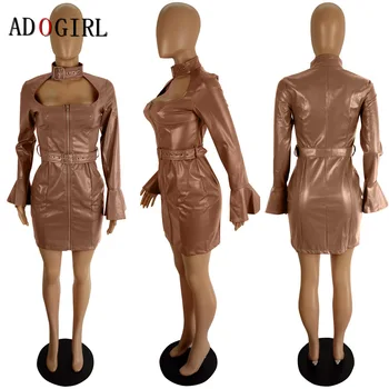 Adogirl Pu Dirbtiniais Odos Moterys Ilgomis Rankovėmis Golfo Bodycon Mini Suknelė Tvarstis Seksualus Naktinis Klubas Mados Ponios Streetwear