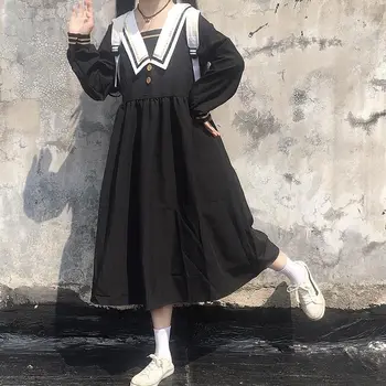 Kawaii Japanese Lolita Gothic Black Midi Moterų Atsitiktinis Derliaus Kratinys Mygtuką Korėjos Suknelė Patenka 2020 M. Moteris