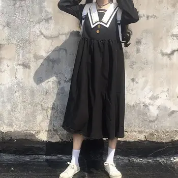 Kawaii Japanese Lolita Gothic Black Midi Moterų Atsitiktinis Derliaus Kratinys Mygtuką Korėjos Suknelė Patenka 2020 M. Moteris