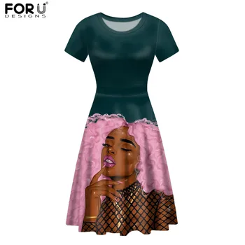 FORUDESIGNS Stiliaus Afrikos Karalienė Vasaros trumpomis Rankovėmis Suknelė Animacinių filmų Afor Lady Modelio O-Kaklo Sundress Meno Black Girl Dress