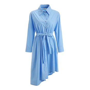 Cerulean Blue Kuklus Dieną Dirbti Marškinėliai Suknelė Office Ponios Nereguliarus Ilgomis Rankovėmis Plisuotos Varčias Medvilnės Plius Dydis Atsitiktinis Femme Tunika