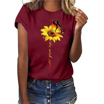 Moterų Plius Dydis Saulėgrąžų Spausdinti Drugelis T-Shirt Vasaros Trumpas Rankovėmis marškinėliai Topai FJWL