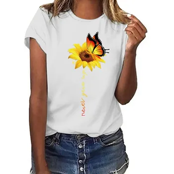 Moterų Plius Dydis Saulėgrąžų Spausdinti Drugelis T-Shirt Vasaros Trumpas Rankovėmis marškinėliai Topai FJWL