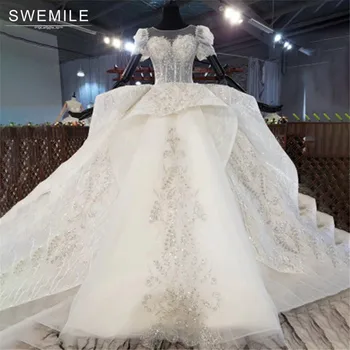SWEMILE Nekilnojamojo Kulka Prabanga Royal Visiškai Nėrinių Vestuvių Suknelė iki 2021 m. 1,5 M Traukinio Brangioji Dramblio kaulo Nuotaka Kamuolys Suknelė Vestido De Noiva Renda