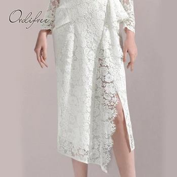 Ordifree 2021 M. Vasarą Elegantiška Panele Balta Nėrinių Šalis Suknelė Ilgomis Rankovėmis Padalinta Seksuali Moteris Midi Suknelė