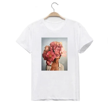 Naujas Harajuku Estetika Marškinėlius Seksualus Gėlių, Plunksnų Spausdinti trumpomis Rankovėmis Viršūnes Tees Vasaros Mados kawaii Atsitiktinis Sweet Lady T-Shirt