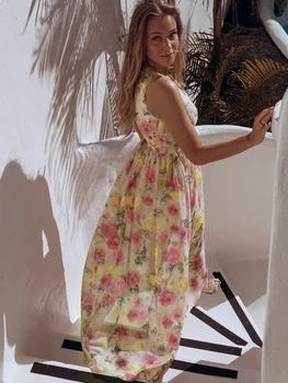 Gėlių Atspausdintas Moterų Atsitiktinis Palaidų Ilga Suknelė Giliai V Kaklo, Rankovių Aukštos Juosmens Šifono Atostogų Šalis Suknelė