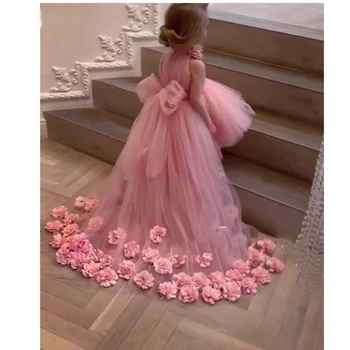 Gana 3D Gėlių Tutu Didelis Mažas Mergaites Inscenizacija Suknelės, Aukštos Apykaklės, Uždusęs Tiulio Gėlių mergaičių Suknelės 2020 Komunijos Suknelės Gana