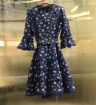 Aukščiausios Kokybės Naujos 2020 Metų Vasaros Kilimo Ir Tūpimo Tako Suknelė Moterims Žavinga Gėlių Spausdinti Appliques Nėrinių Kratinys Blyksnius Rankovės Vintage Suknelė Mėlyna