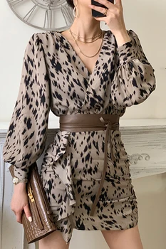 Suknelė moterims 2021 m. pavasario derliaus korėjos drabužių elegantiškas nėrinių leopardas spausdinti seksualus V-kaklo, ilgomis rankovėmis mini suknelė vestidos