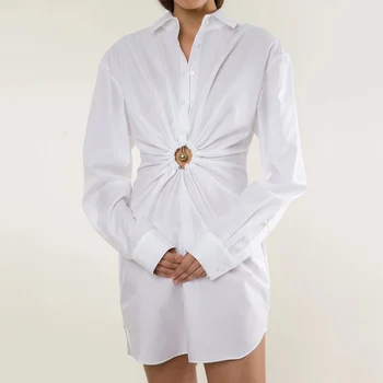 2020 Naujausias Vasaros Moterų Suknelė Mados Atvartas ilgomis Rankovėmis Sulankstyti Tuščiaviduriai Slim Suknelė Atsitiktinis Elegantiškas Moterų Balta Suknelė Vestidos