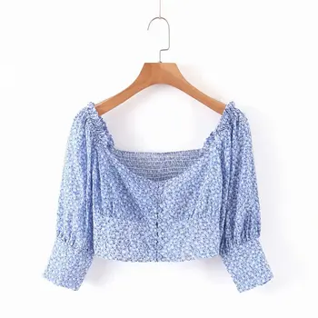 Retro kvadratinių kaklo moterims topai ir palaidinės reformos blusas mujer de moda derliaus vasarą prašmatnus blue marškinėliai 2020 nauja siunta