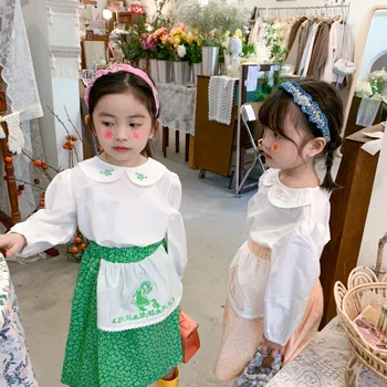 Mergina Išsiuvinėti Kūdikių Apykaklės Marškinėliai Gėlių Sijonas, Dviejų Dalių Komplektas. 2021 M. Pavasarį Naujas Korėjiečių Mergaitės Medvilnės Drabužių Rinkiniai Kūdikiams, Kūdikių