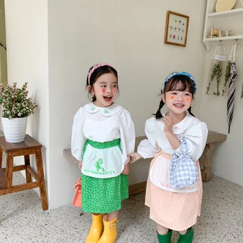Mergina Išsiuvinėti Kūdikių Apykaklės Marškinėliai Gėlių Sijonas, Dviejų Dalių Komplektas. 2021 M. Pavasarį Naujas Korėjiečių Mergaitės Medvilnės Drabužių Rinkiniai Kūdikiams, Kūdikių