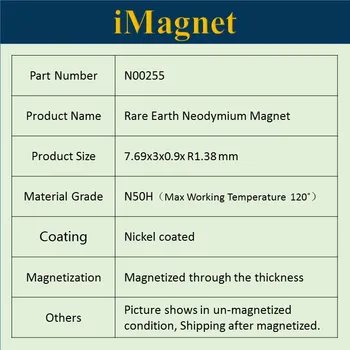 N00255 50pcs N50M Peilio formos Retųjų Žemių Neodimio Magnetas,7.69x3x0.9x R1.38mm,stačiakampio gretasienio Ndfeb Magnetas ,Magnetai šaldytuvas